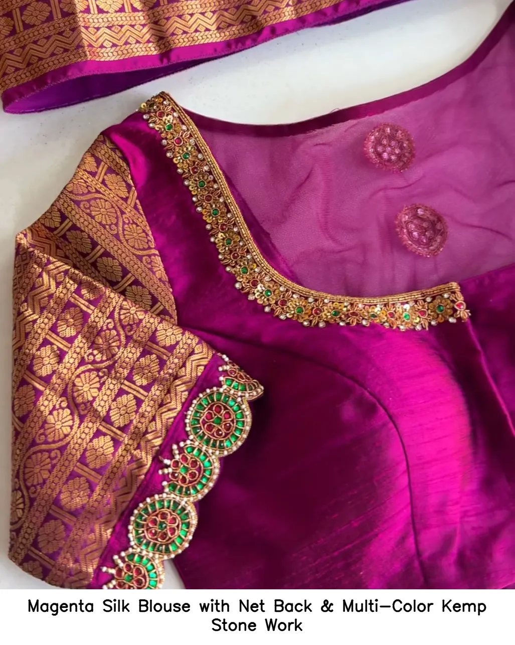 Magenta Silk Blouse with Net Back & Multi-Color Kemp Stone Work