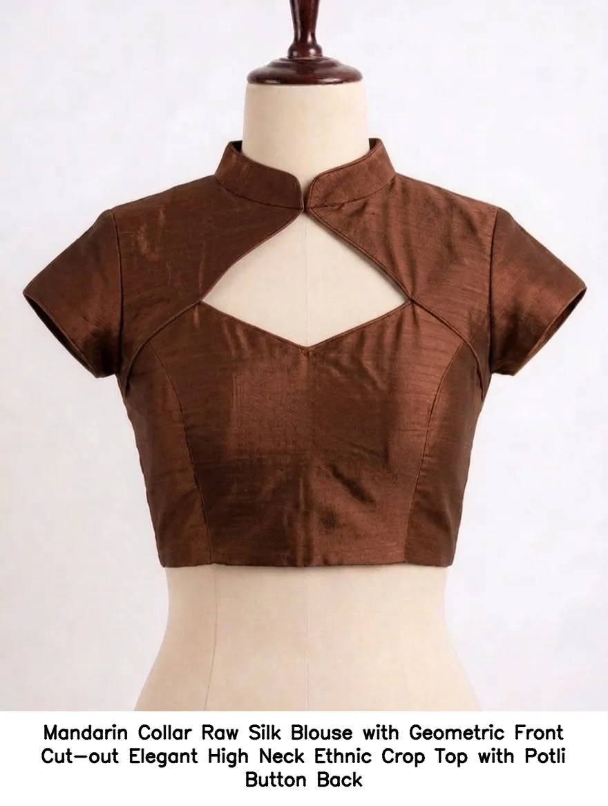 Mandarin Collar Raw Silk Blouse with Geometric Front Cut-out – Elegant High Neck Ethnic Crop Top with Potli Button Back