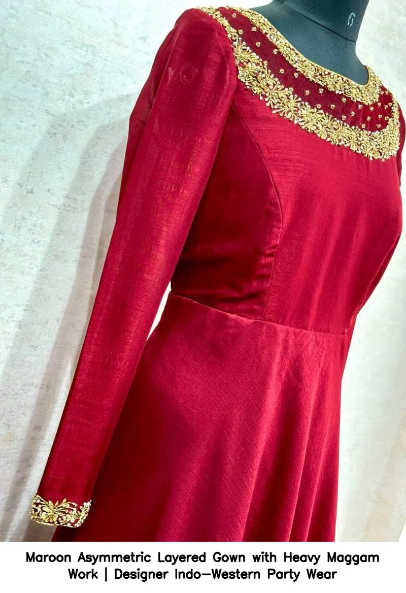 Maroon Asymmetric Layered Gown with Heavy Maggam Work | Designer Indo-Western Party Wear