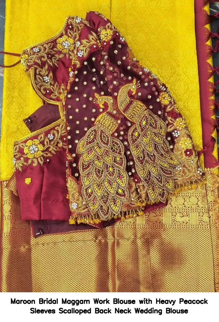Maroon Bridal Maggam Work Blouse with Heavy Peacock Sleeves – Scalloped Back Neck Wedding Blouse