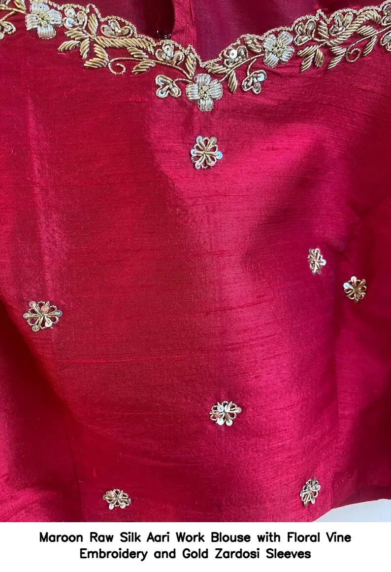 Maroon Raw Silk Aari Work Blouse with Floral Vine Embroidery and Gold Zardosi Sleeves