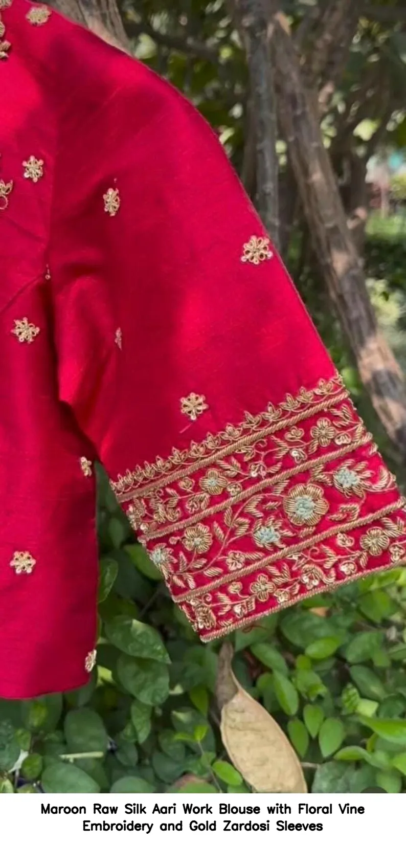 Maroon Raw Silk Aari Work Blouse with Floral Vine Embroidery and Gold Zardosi Sleeves