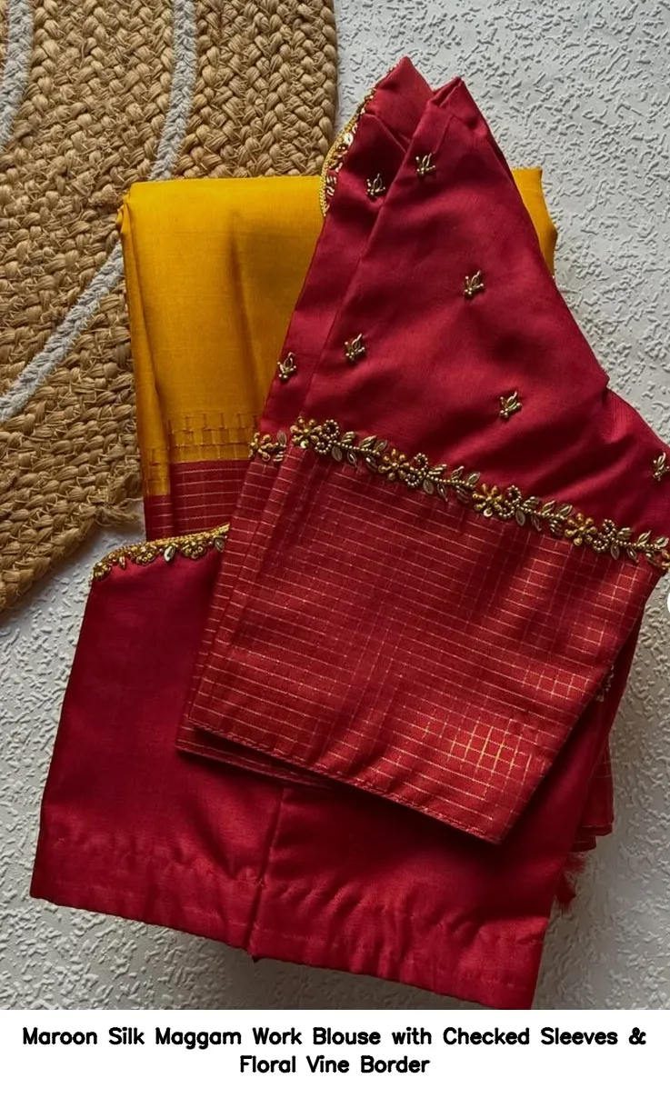 Maroon Silk Maggam Work Blouse with Checked Sleeves & Floral Vine Border