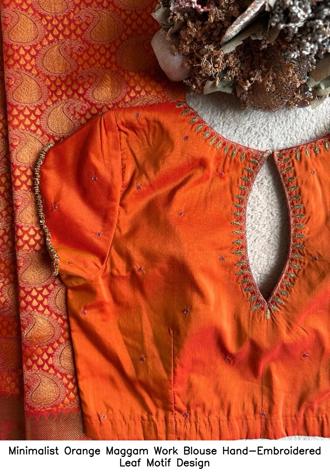 Minimalist Orange Maggam Work Blouse – Hand-Embroidered Leaf Motif Design