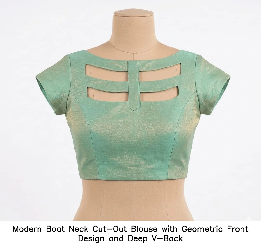Modern Boat Neck Cut-Out Blouse with Geometric Front Design and Deep V-Back