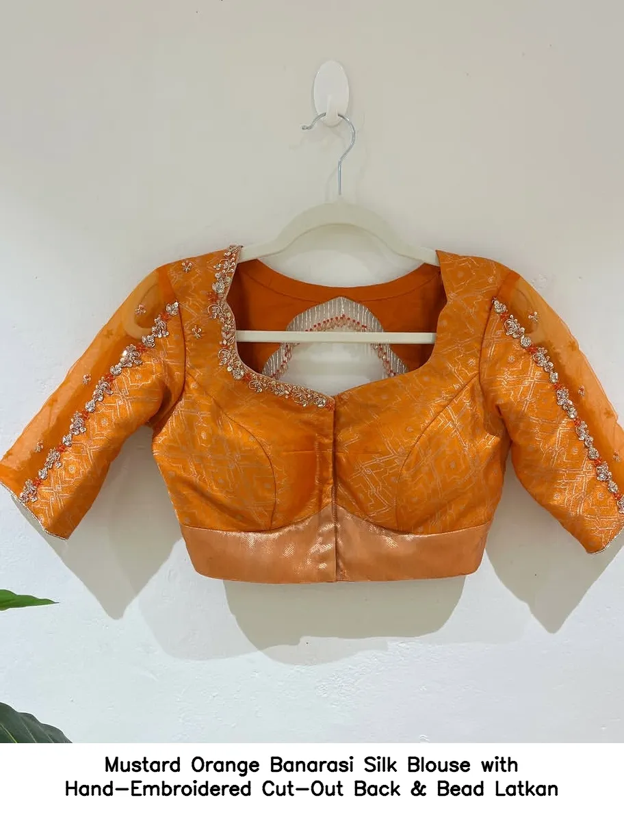 Mustard Orange Banarasi Silk Blouse with Hand-Embroidered Cut-Out Back & Bead Latkan