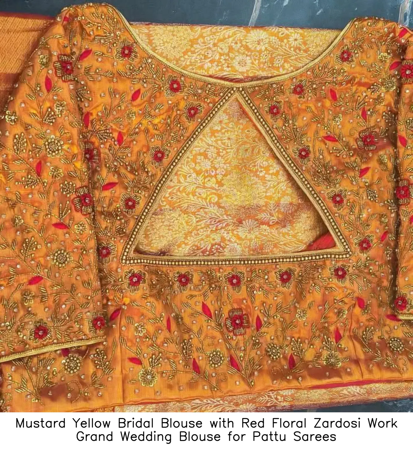 Mustard Yellow Bridal Blouse with Red Floral Zardosi Work – Grand Wedding Blouse for Pattu Sarees