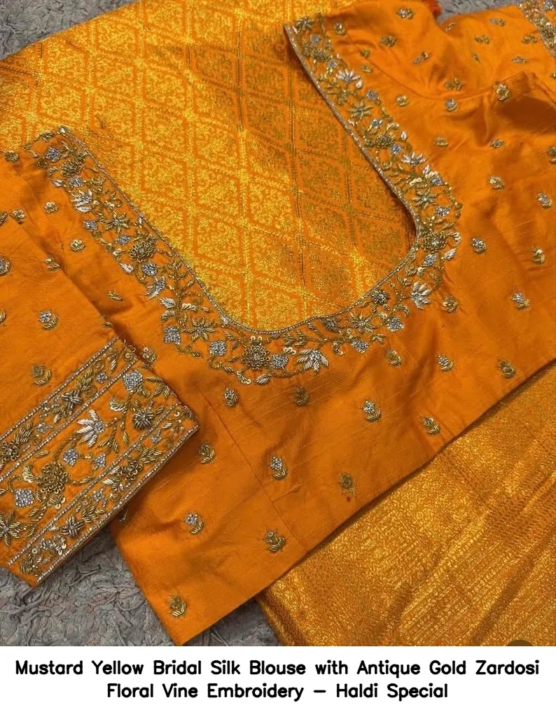 Mustard Yellow Bridal Silk Blouse with Antique Gold Zardosi Floral Vine Embroidery - Haldi Special