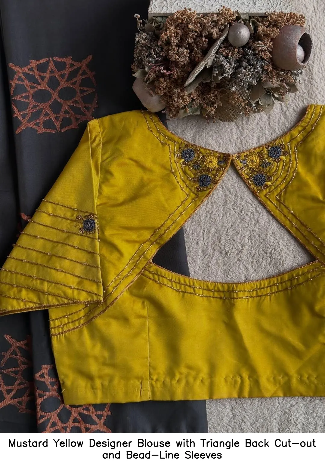 Mustard Yellow Designer Blouse with Triangle Back Cut-out and Bead-Line Sleeves