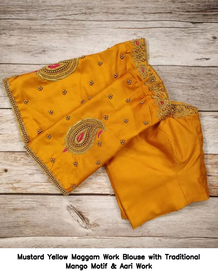 Mustard Yellow Maggam Work Blouse with Traditional Mango Motif & Aari Work
