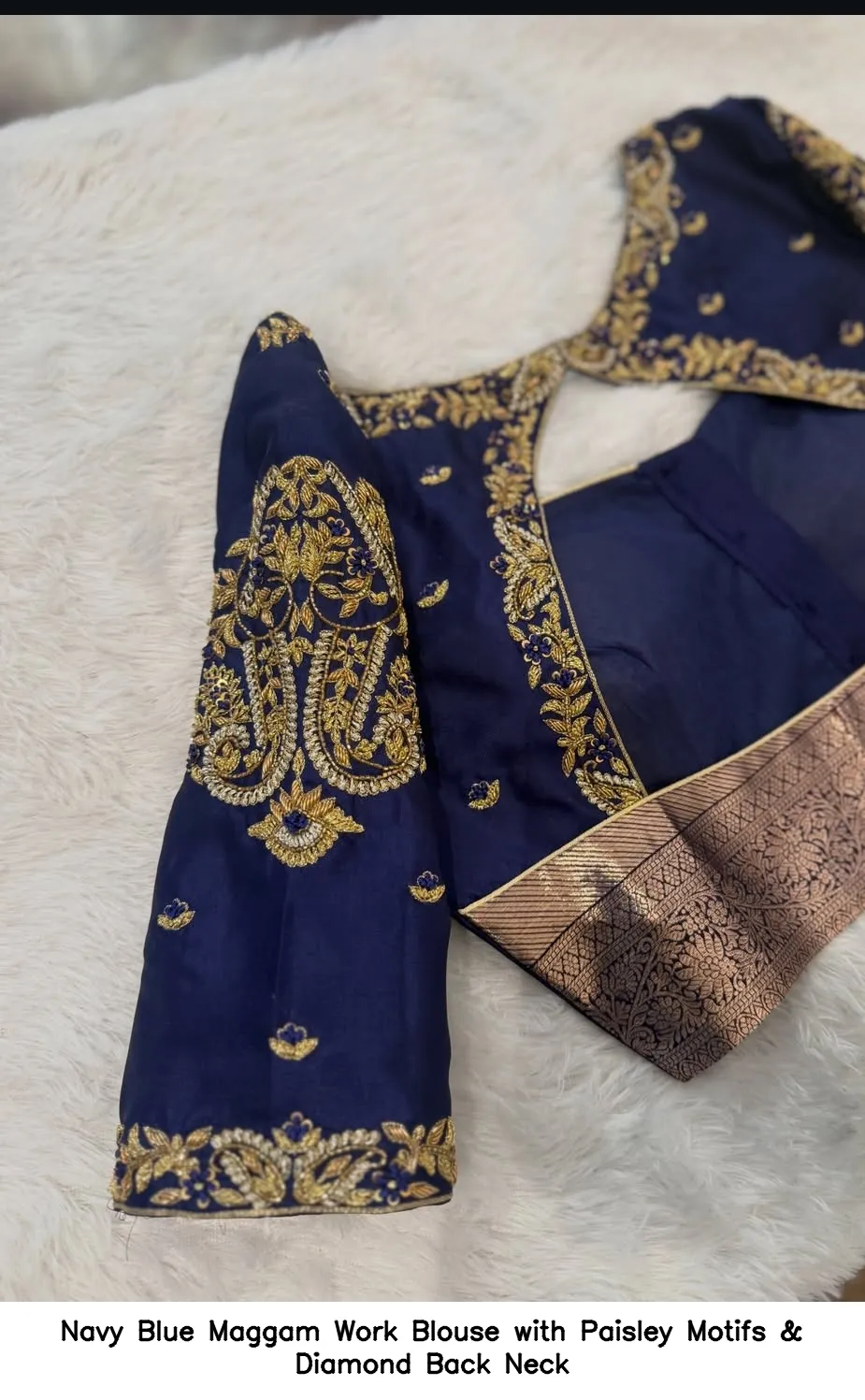 Navy Blue Maggam Work Blouse with Paisley Motifs & Diamond Back Neck