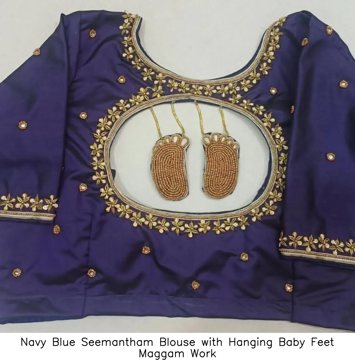 Navy Blue Seemantham Blouse with Hanging Baby Feet Maggam Work