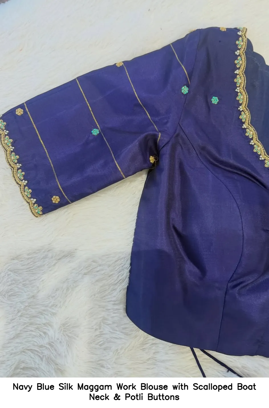 Navy Blue Silk Maggam Work Blouse with Scalloped Boat Neck & Potli Buttons