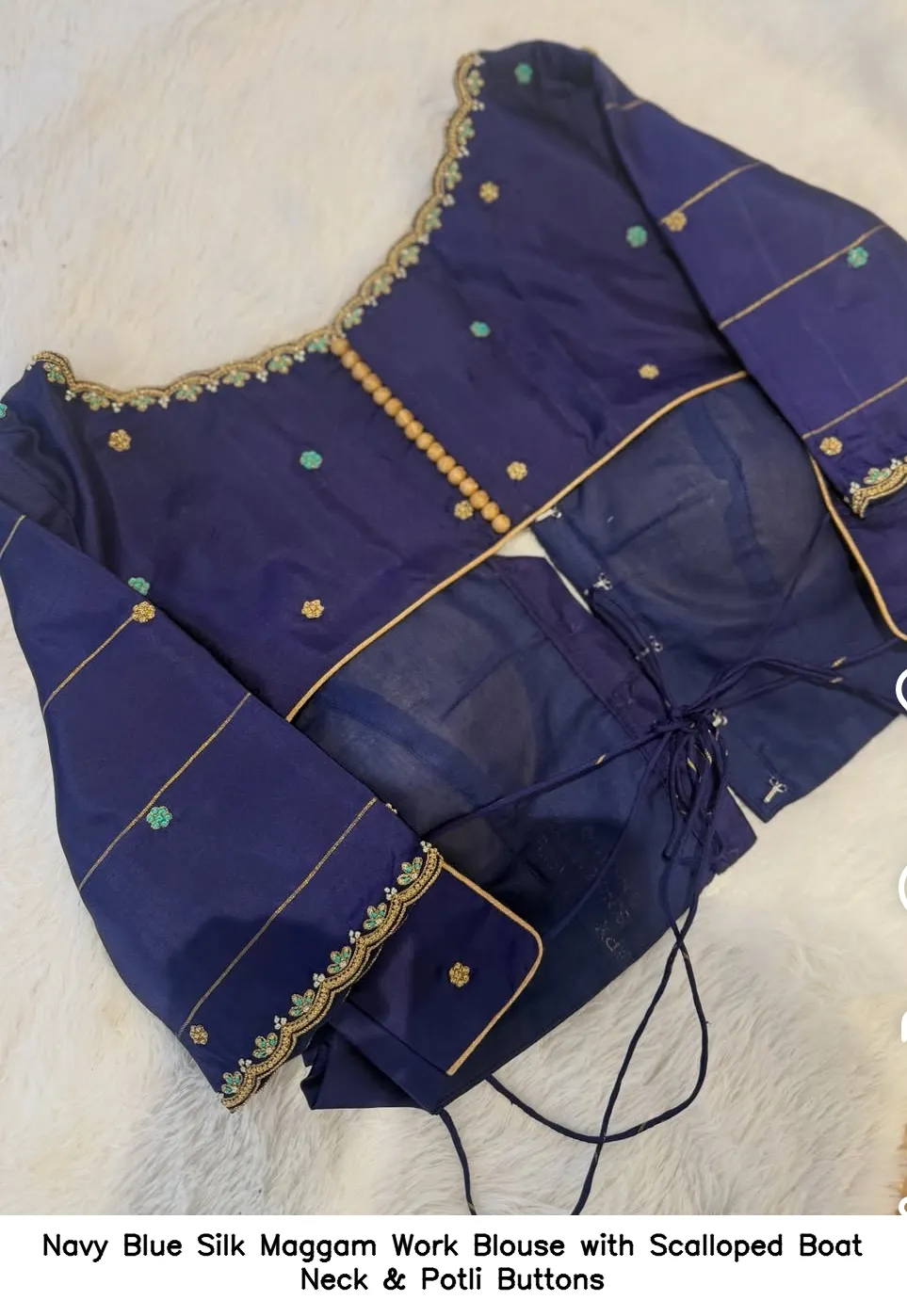 Navy Blue Silk Maggam Work Blouse with Scalloped Boat Neck & Potli Buttons