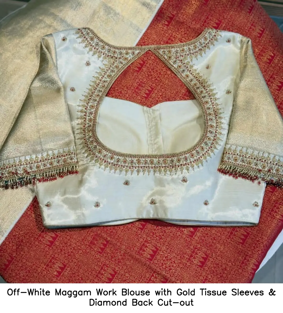 Off-White Maggam Work Blouse with Gold Tissue Sleeves & Diamond Back Cut-out