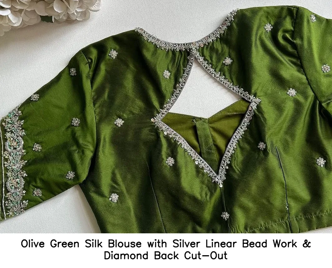 Olive Green Silk Blouse with Silver Linear Bead Work & Diamond Back Cut-Out
