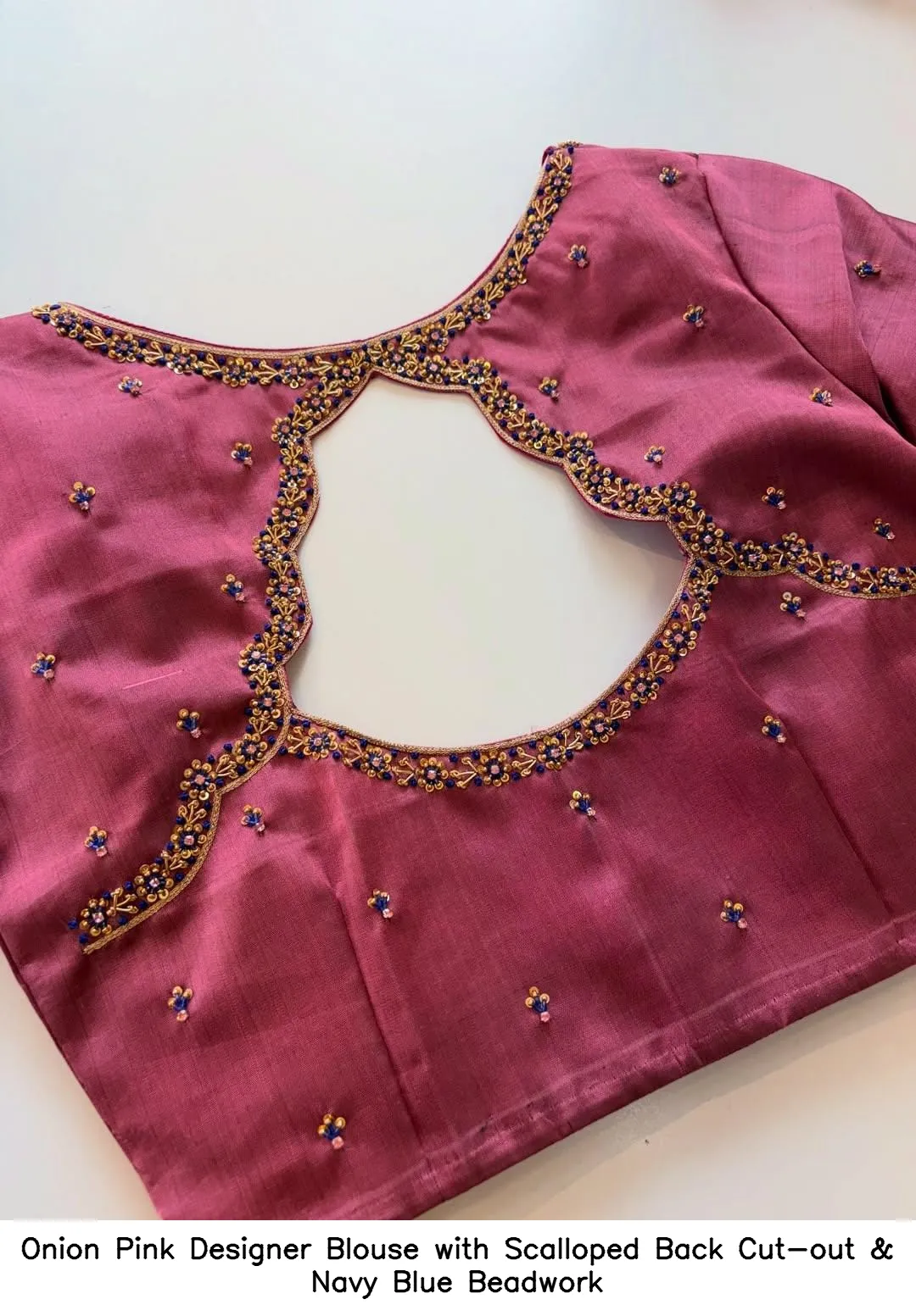 Onion Pink Designer Blouse with Scalloped Back Cut-out & Navy Blue Beadwork