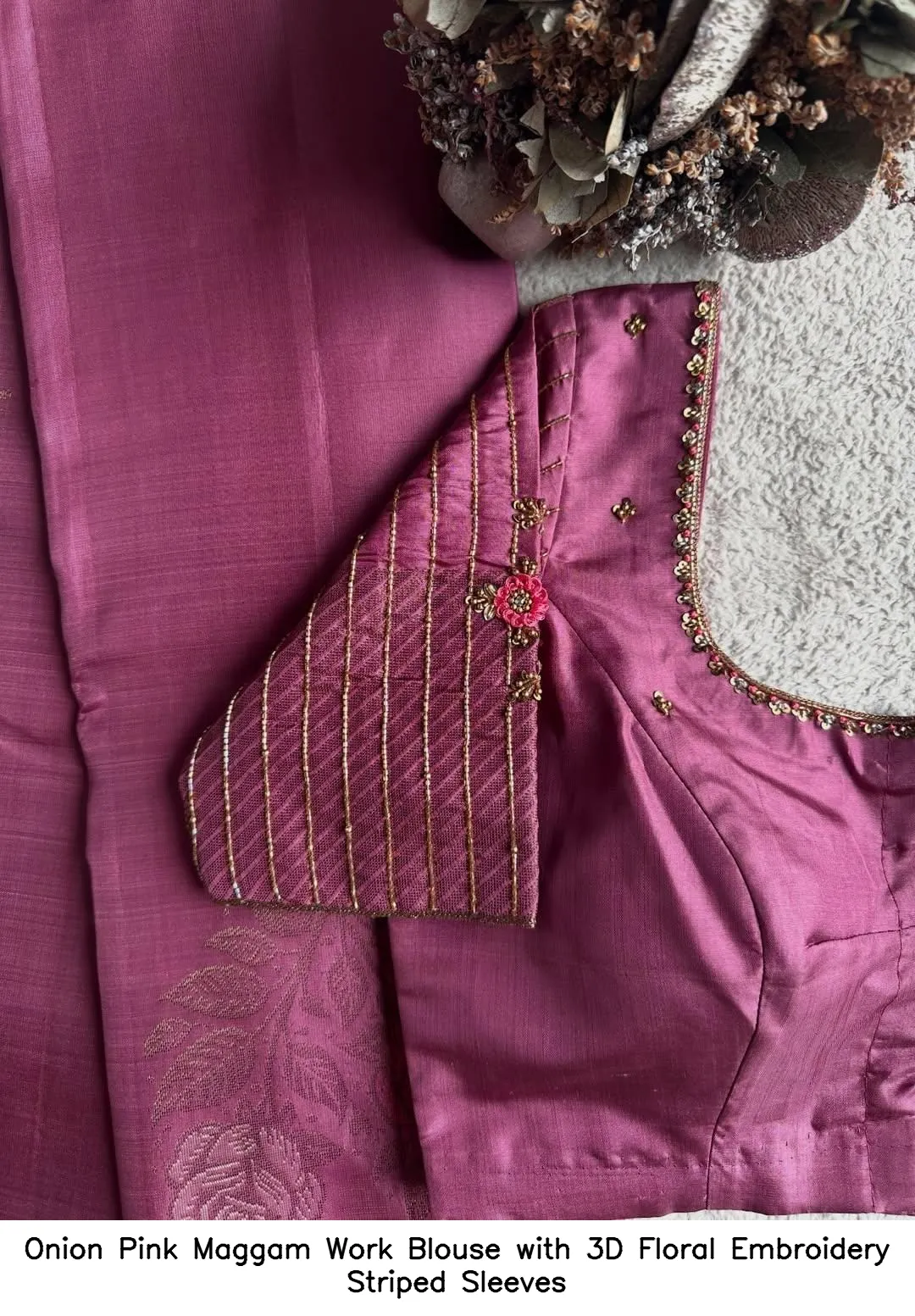 Onion Pink Maggam Work Blouse with 3D Floral Embroidery Striped Sleeves