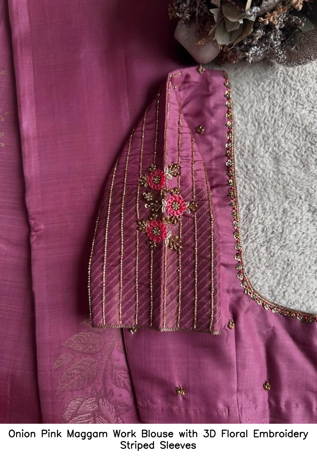 Onion Pink Maggam Work Blouse with 3D Floral Embroidery Striped Sleeves