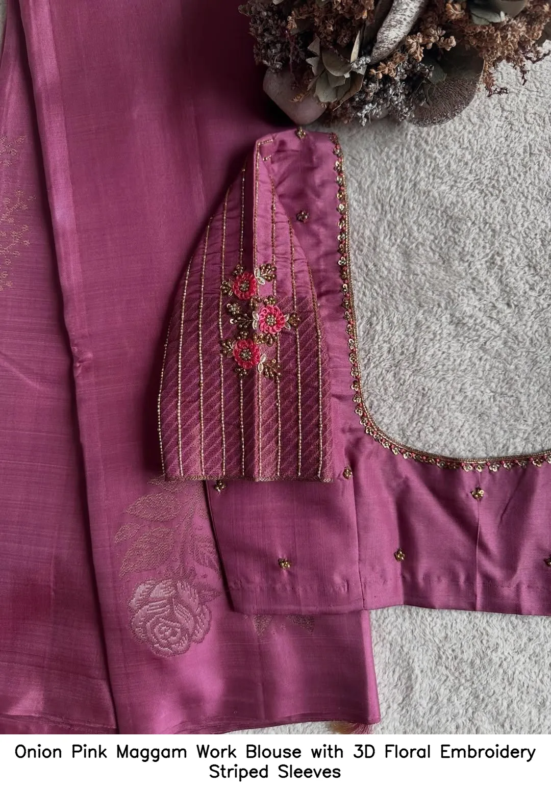 Onion Pink Maggam Work Blouse with 3D Floral Embroidery Striped Sleeves