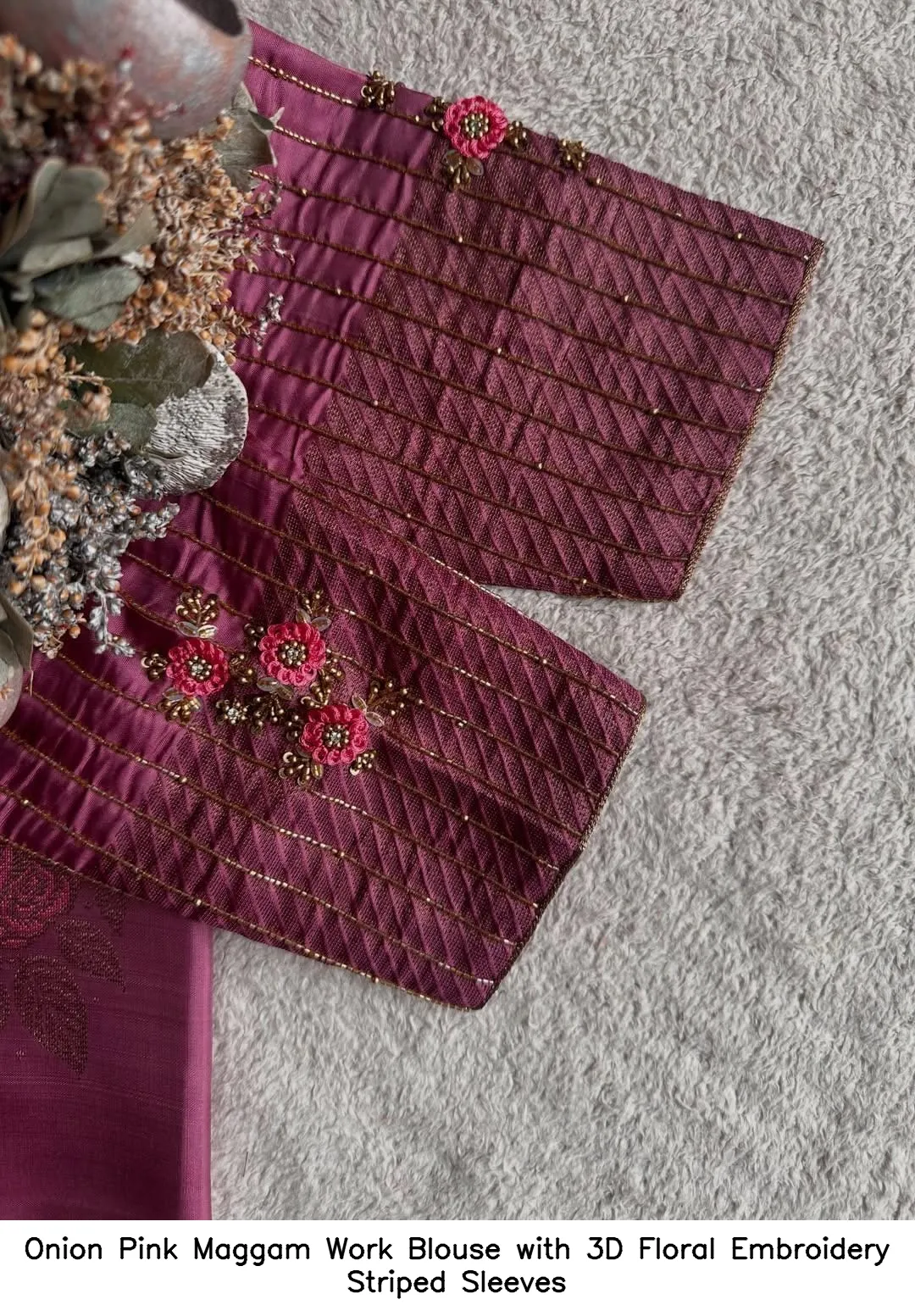 Onion Pink Maggam Work Blouse with 3D Floral Embroidery Striped Sleeves