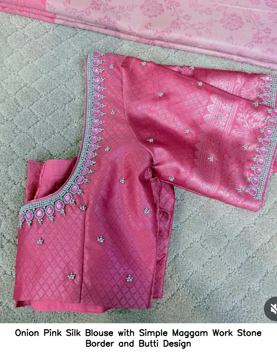 Onion Pink Silk Blouse with Simple Maggam Work Stone Border and Butti Design