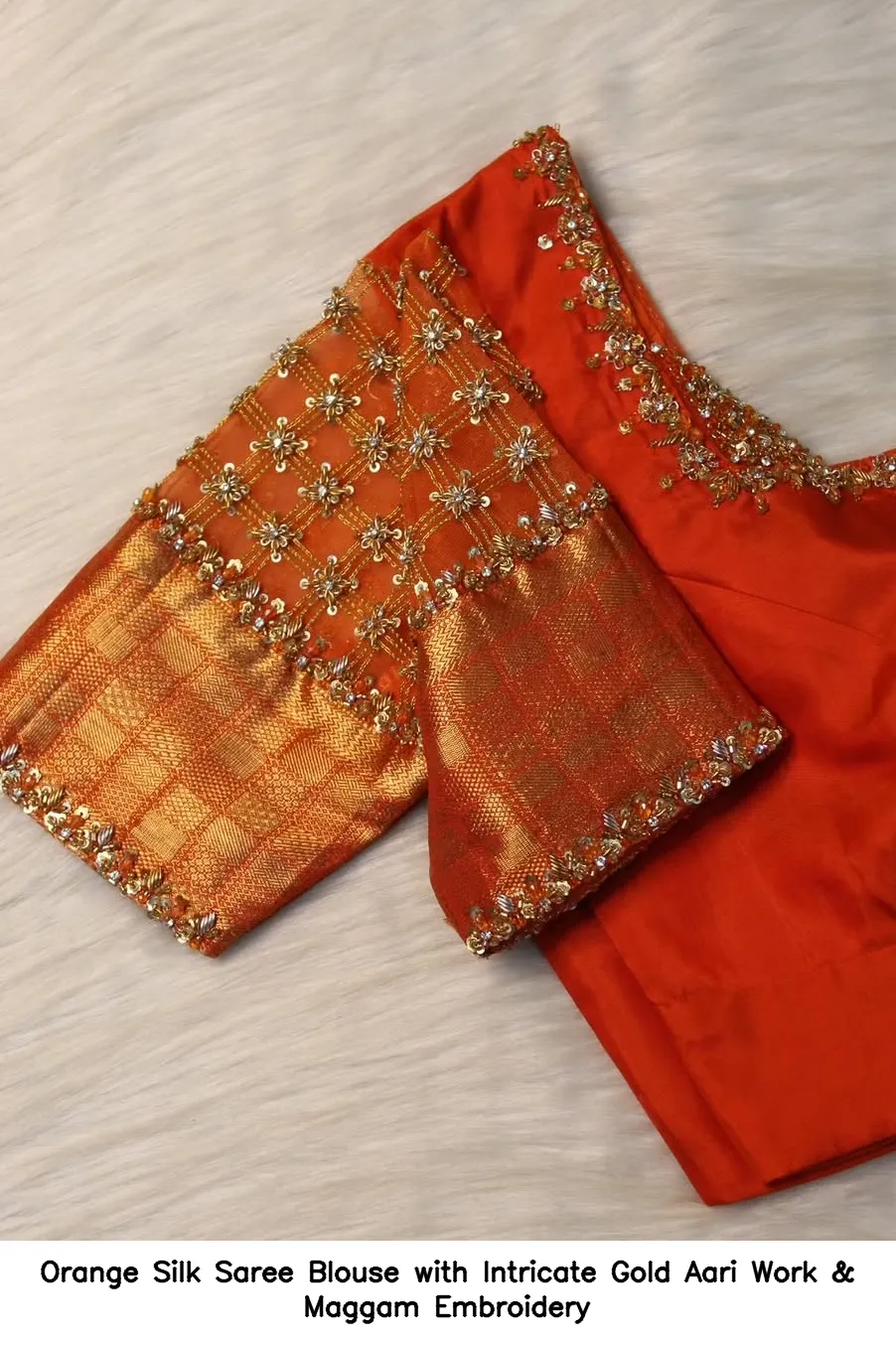 Orange Silk Saree Blouse with Intricate Gold Aari Work & Maggam Embroidery