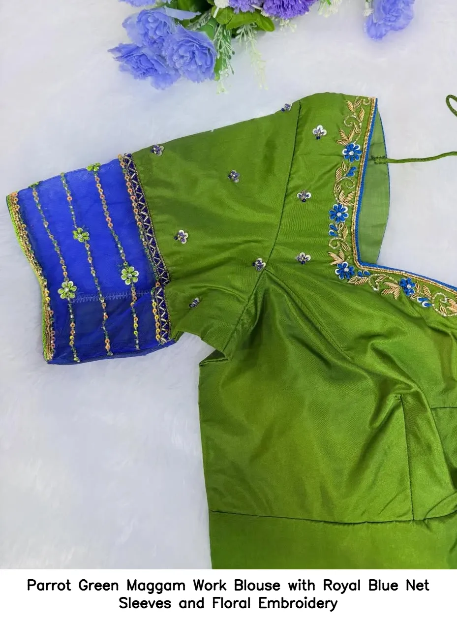 Parrot Green Maggam Work Blouse with Royal Blue Net Sleeves and Floral Embroidery