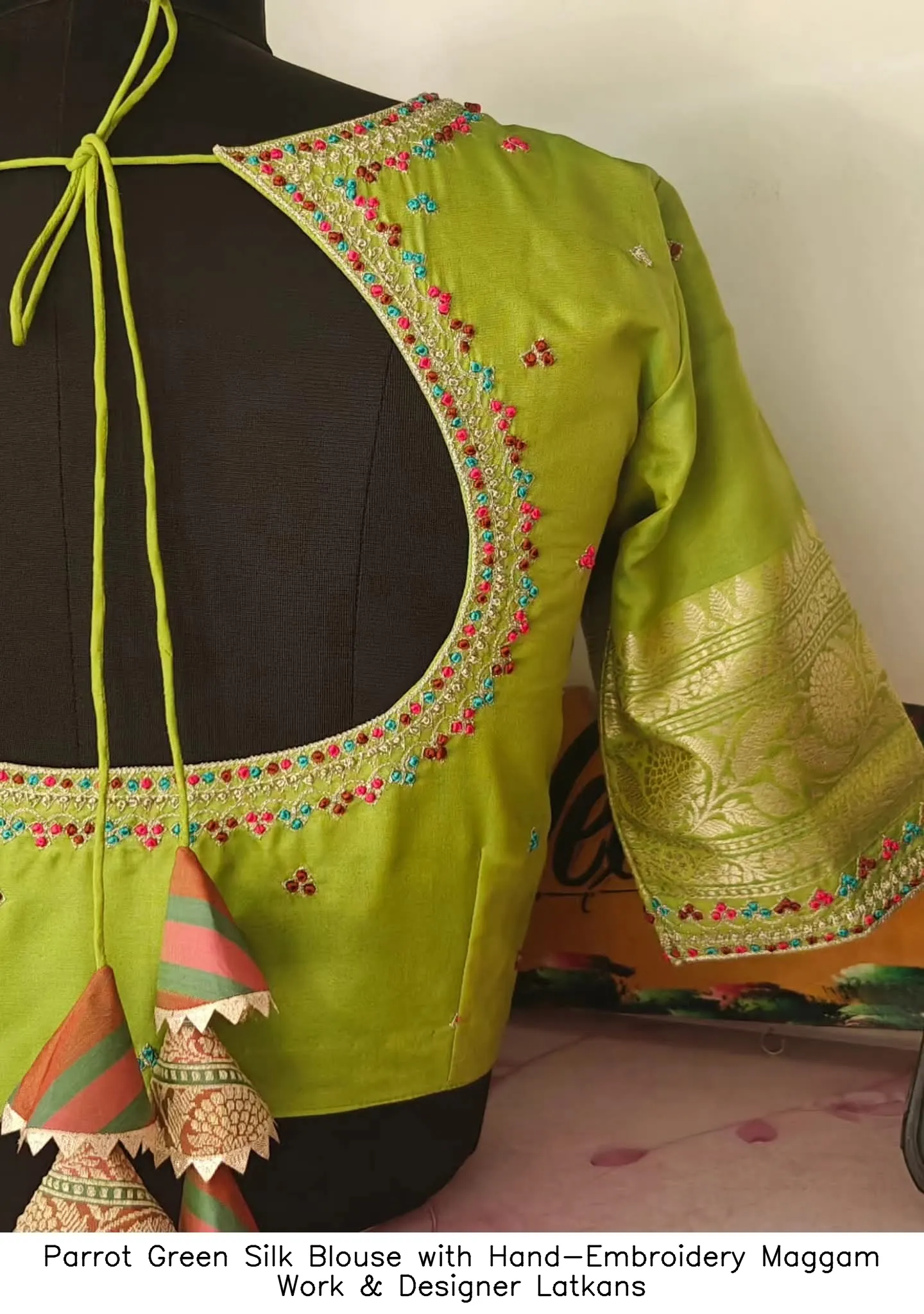 Parrot Green Silk Blouse with Hand-Embroidery Maggam Work & Designer Latkans