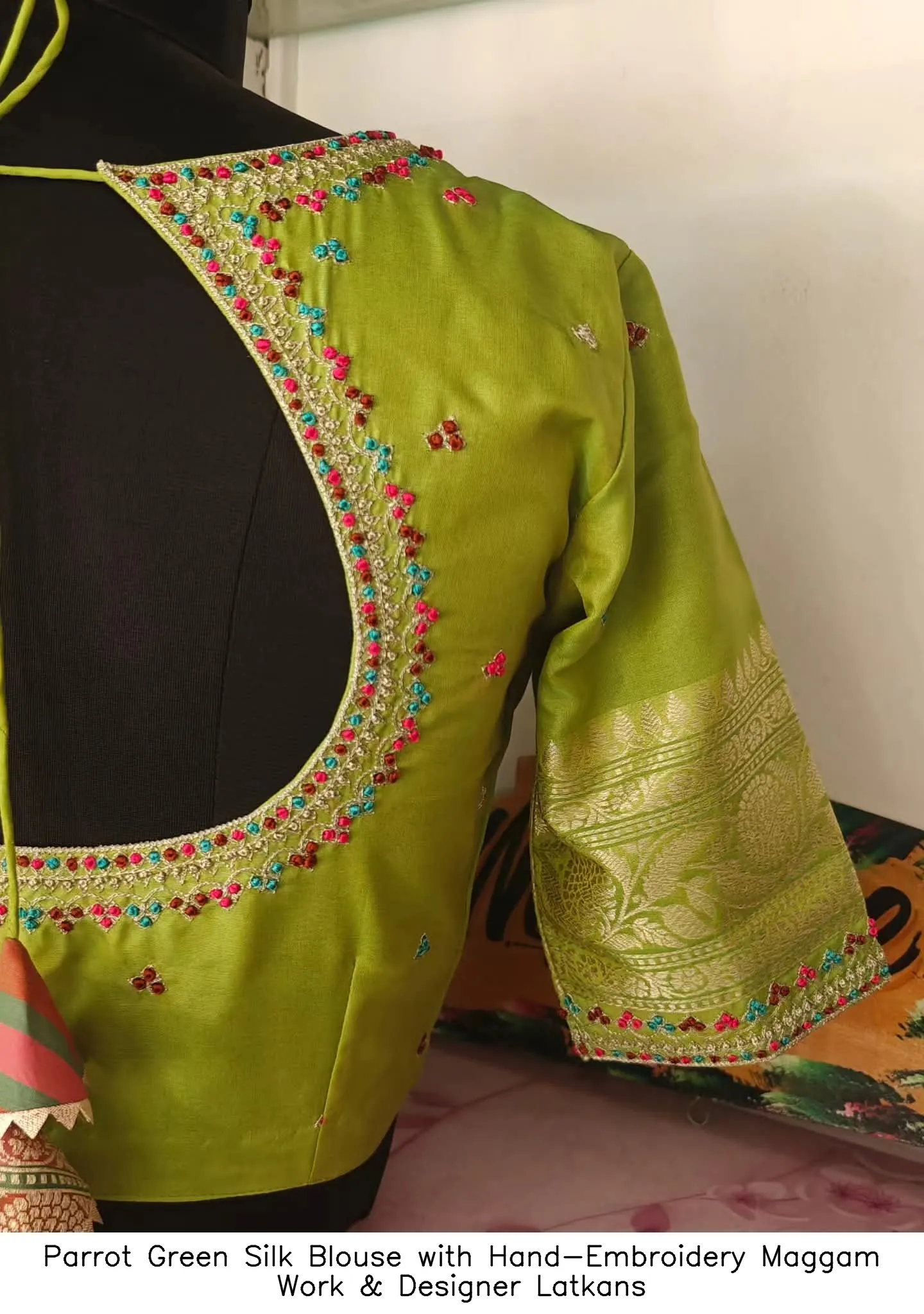 Parrot Green Silk Blouse with Hand-Embroidery Maggam Work & Designer Latkans
