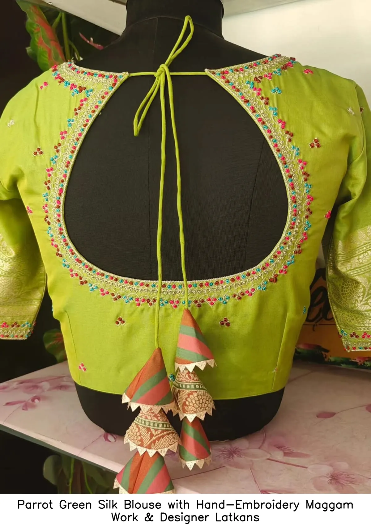 Parrot Green Silk Blouse with Hand-Embroidery Maggam Work & Designer Latkans