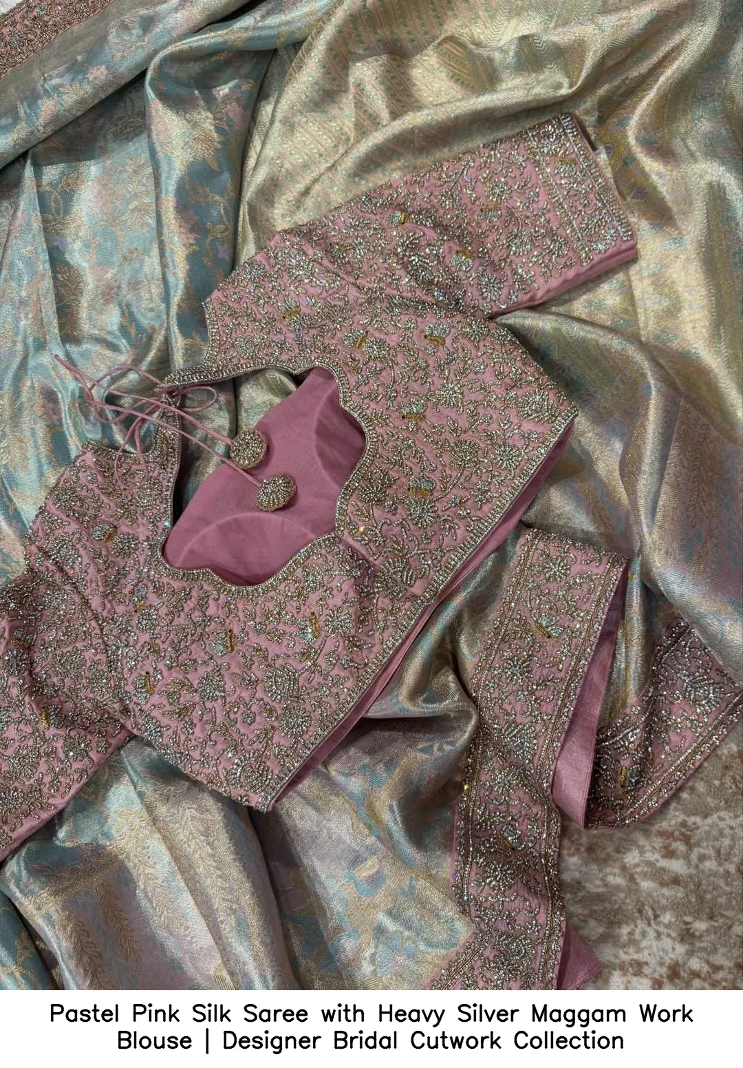 Pastel Pink Silk Saree with Heavy Silver Maggam Work Blouse | Designer Bridal Cutwork Collection