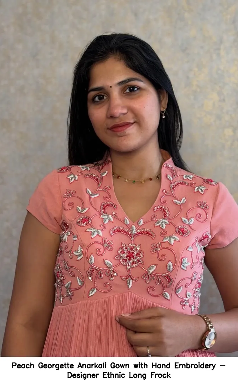 Peach Georgette Anarkali Gown with Hand Embroidery - Designer Ethnic Long Frock