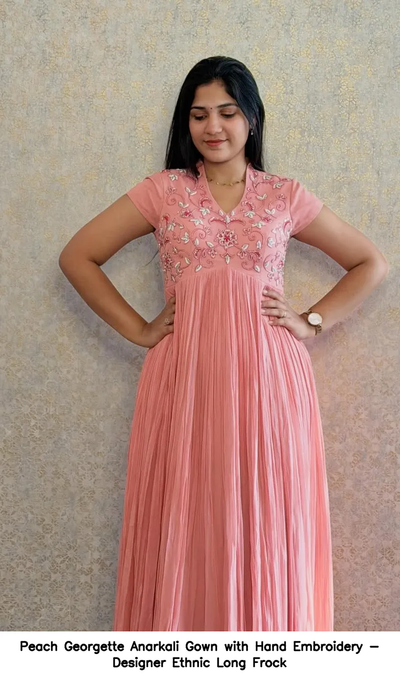 Peach Georgette Anarkali Gown with Hand Embroidery - Designer Ethnic Long Frock