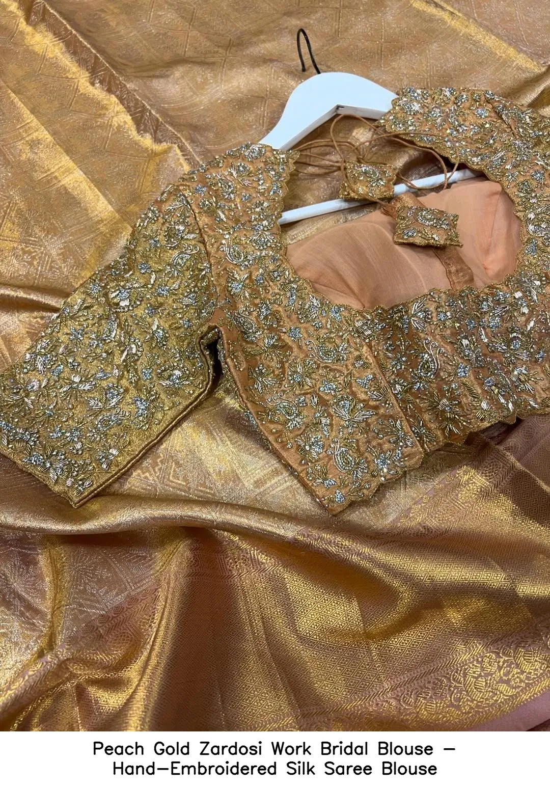 Peach Gold Zardosi Work Bridal Blouse - Hand-Embroidered Silk Saree Blouse