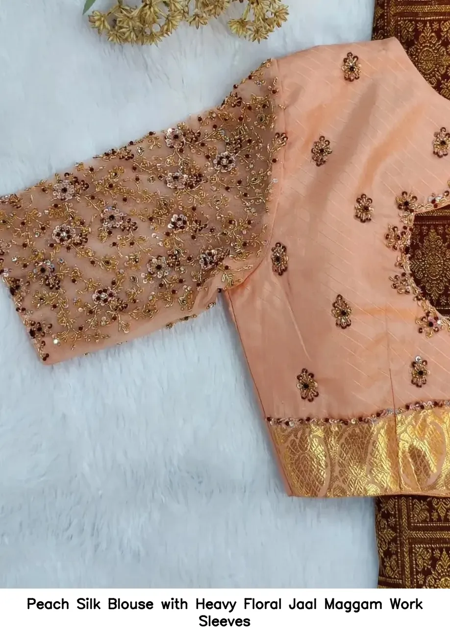 Peach Silk Blouse with Heavy Floral Jaal Maggam Work Sleeves