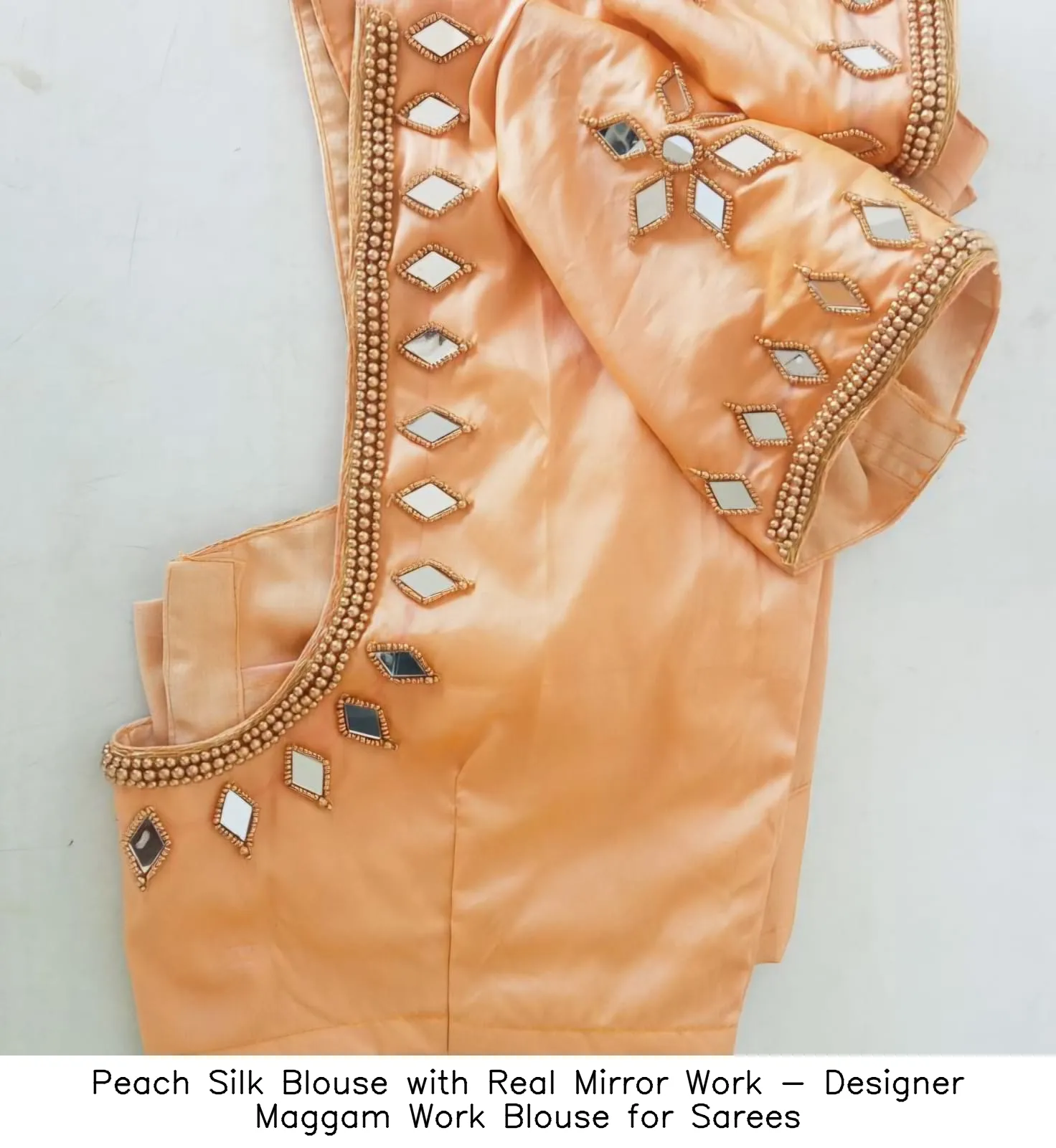 Peach Silk Blouse with Real Mirror Work - Designer Maggam Work Blouse for Sarees