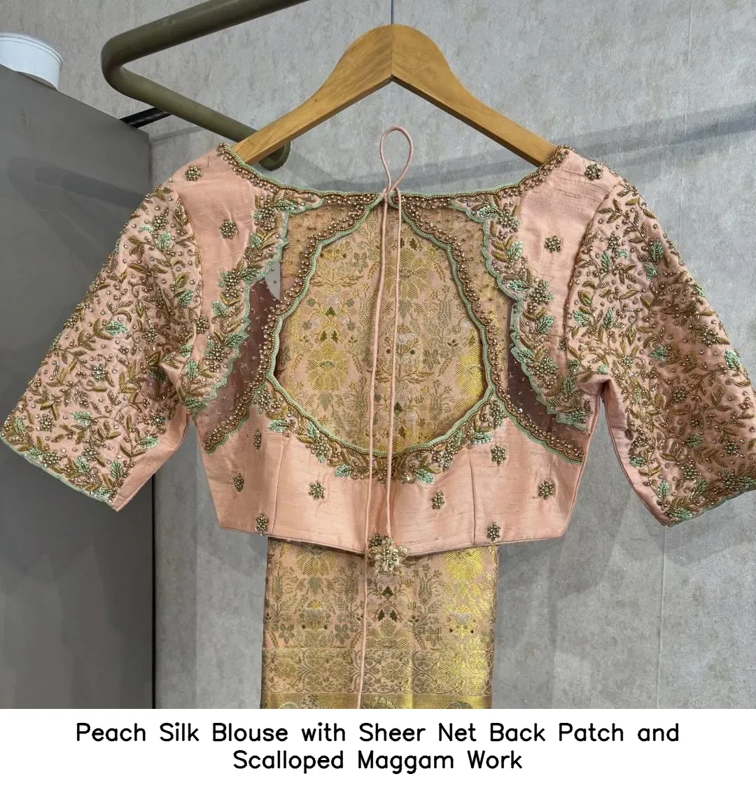 Peach Silk Blouse with Sheer Net Back Patch and Scalloped Maggam Work