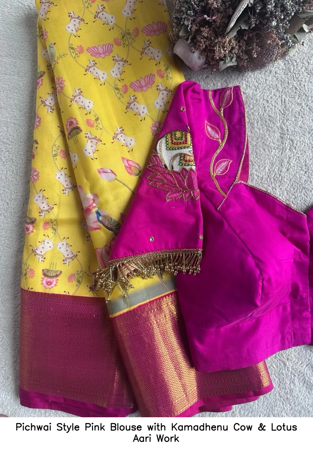 Pichwai Style Pink Blouse with Kamadhenu Cow & Lotus Aari Work