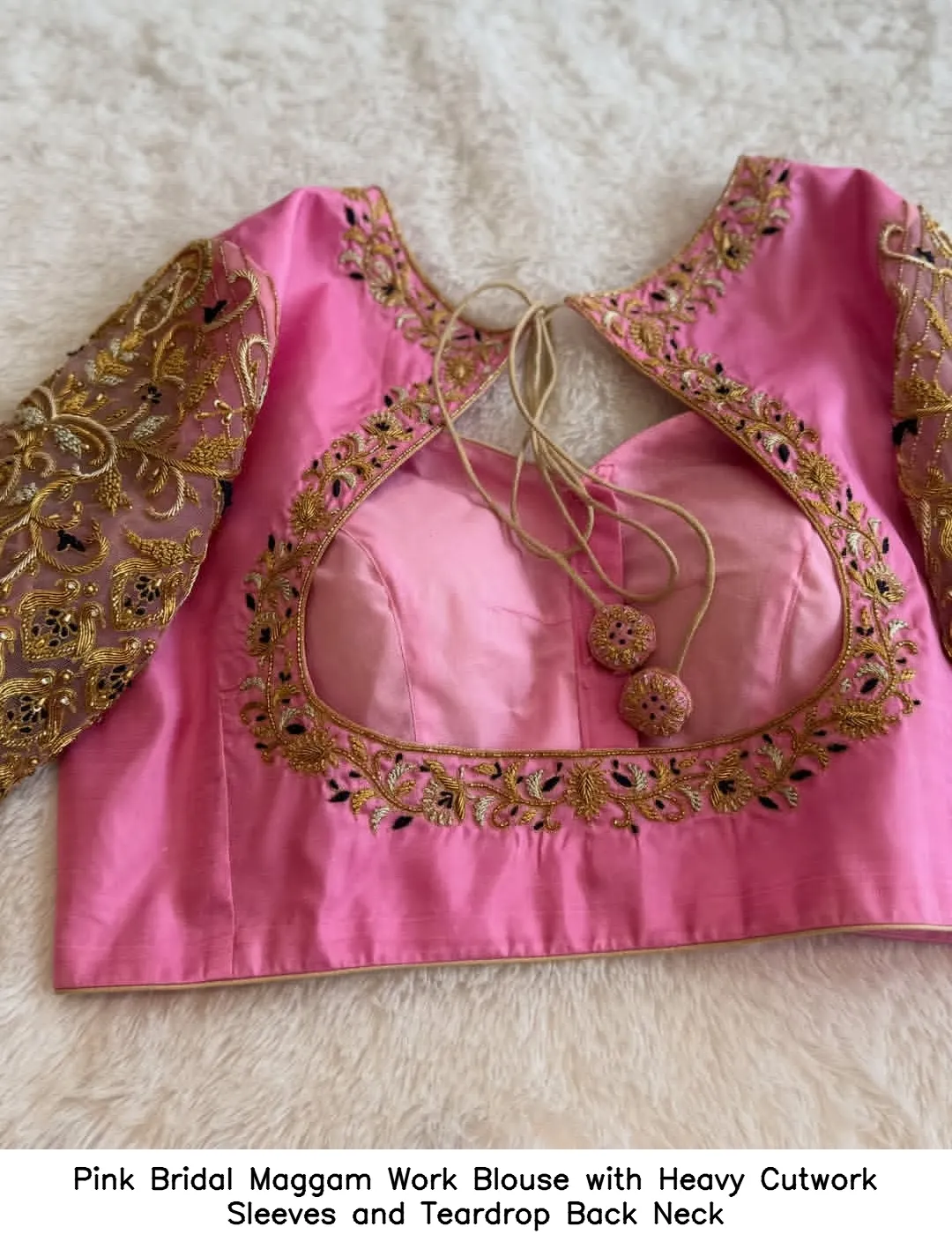 Pink Bridal Maggam Work Blouse with Heavy Cutwork Sleeves and Teardrop Back Neck
