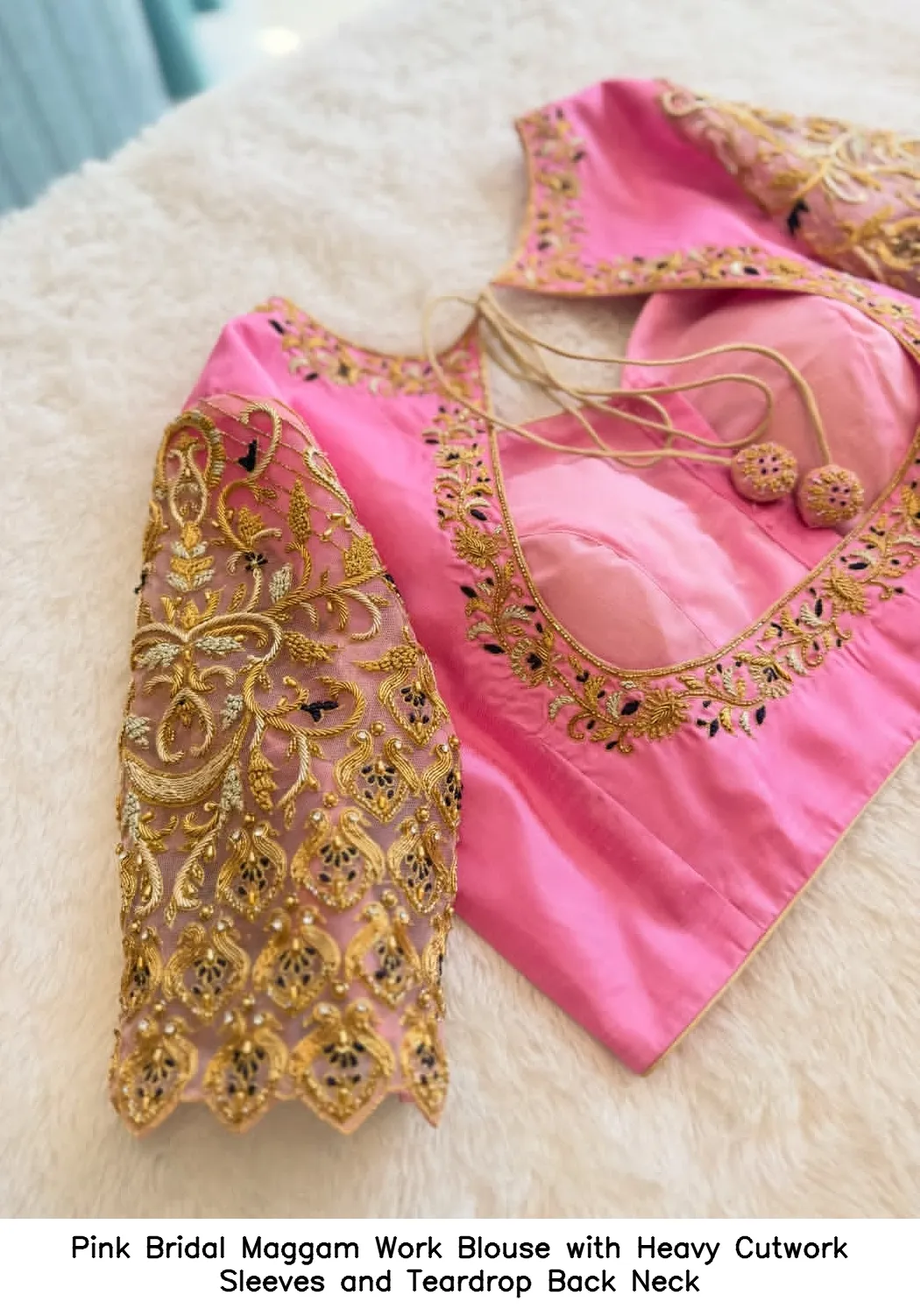 Pink Bridal Maggam Work Blouse with Heavy Cutwork Sleeves and Teardrop Back Neck