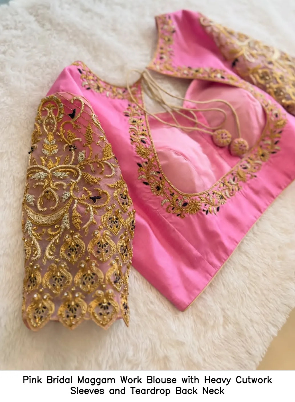 Pink Bridal Maggam Work Blouse with Heavy Cutwork Sleeves and Teardrop Back Neck