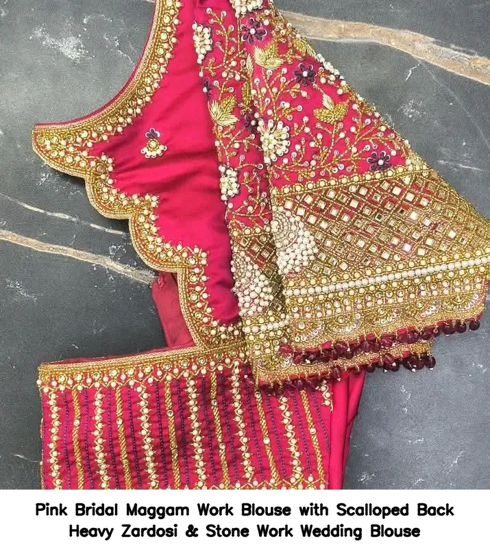 Pink Bridal Maggam Work Blouse with Scalloped Back – Heavy Zardosi & Stone Work Wedding Blouse