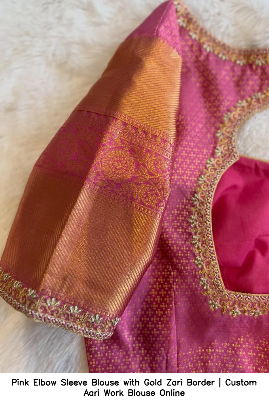 Pink Elbow Sleeve Blouse with Gold Zari Border | Custom Aari Work Blouse Online