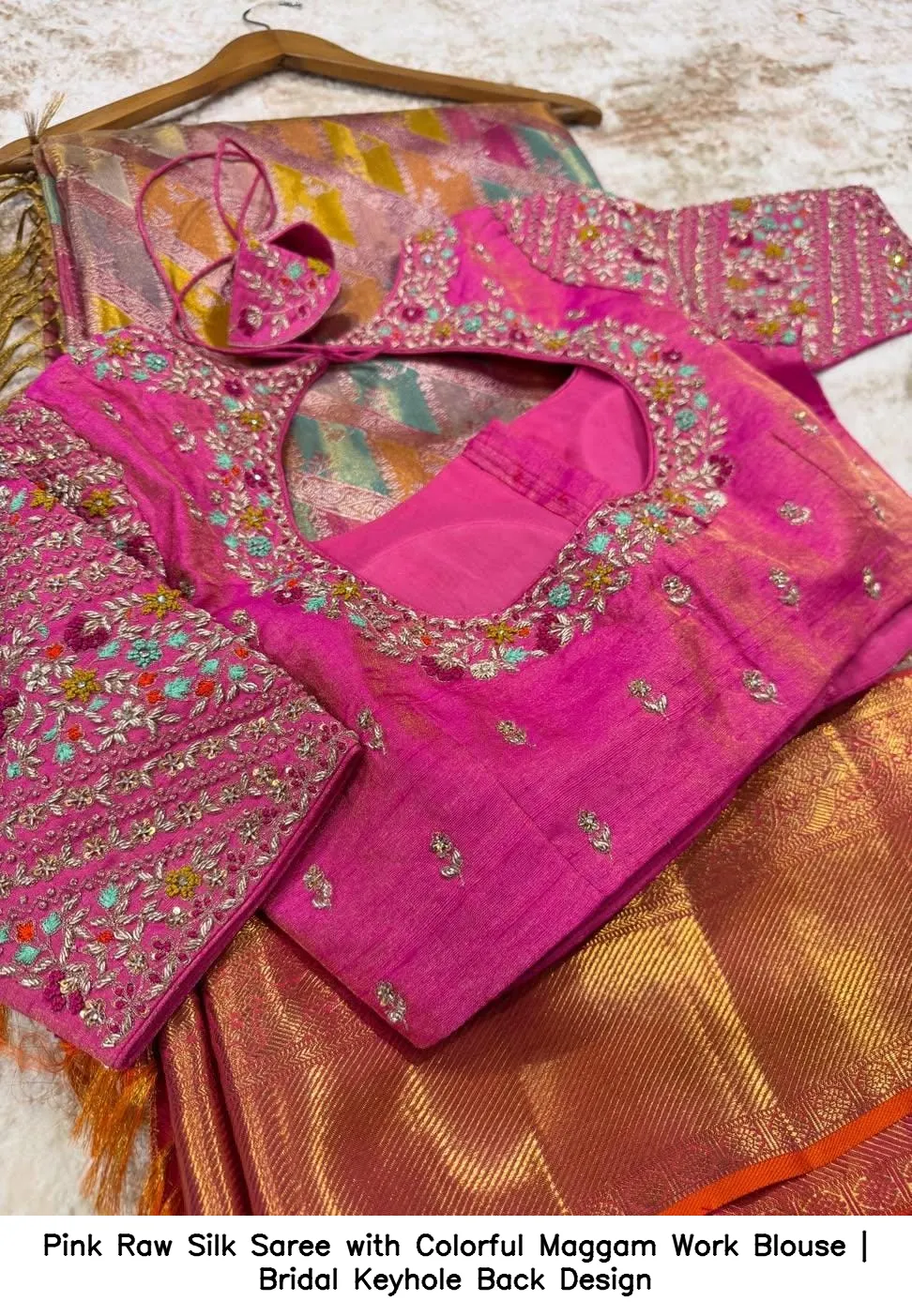 Pink Raw Silk Saree with Colorful Maggam Work Blouse | Bridal Keyhole Back Design