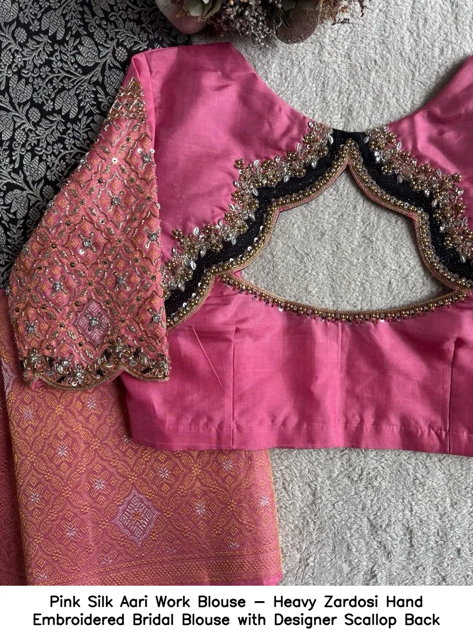 Pink Silk Aari Work Blouse - Heavy Zardosi Hand Embroidered Bridal Blouse with Designer Scallop Back