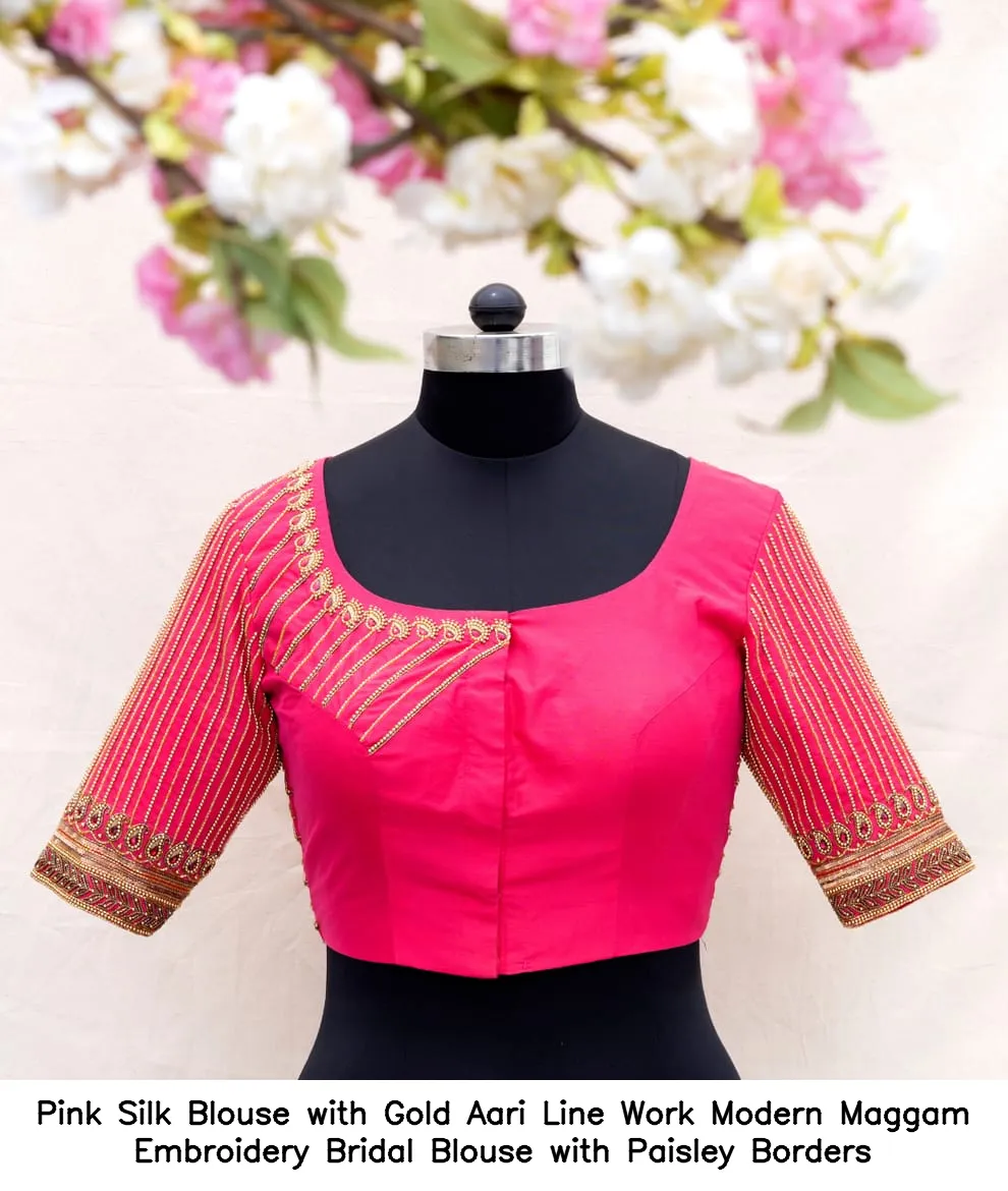 Pink Silk Blouse with Gold Aari Line Work – Modern Maggam Embroidery Bridal Blouse with Paisley Borders