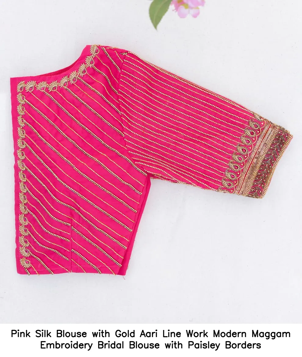 Pink Silk Blouse with Gold Aari Line Work – Modern Maggam Embroidery Bridal Blouse with Paisley Borders - Image 2