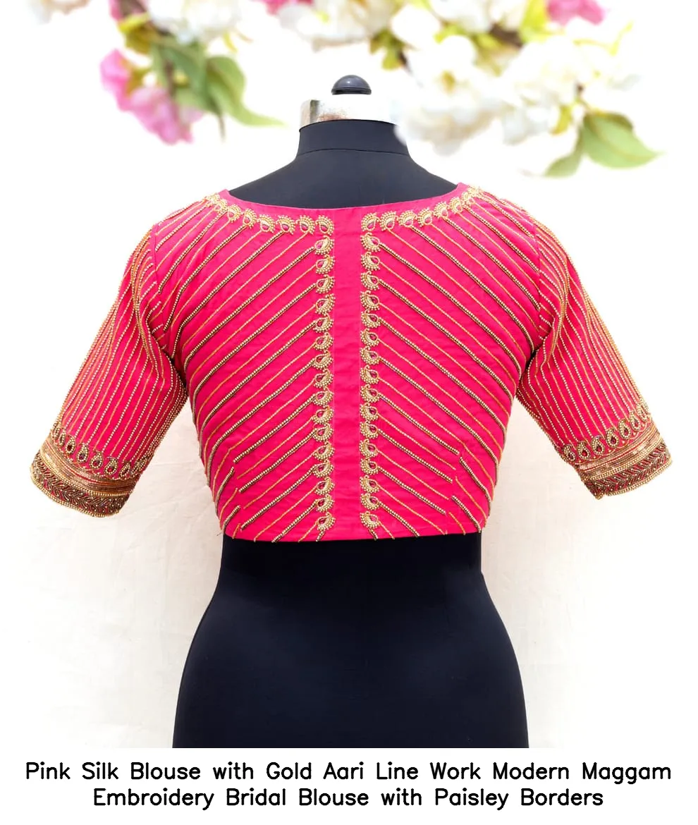 Pink Silk Blouse with Gold Aari Line Work – Modern Maggam Embroidery Bridal Blouse with Paisley Borders - Image 3