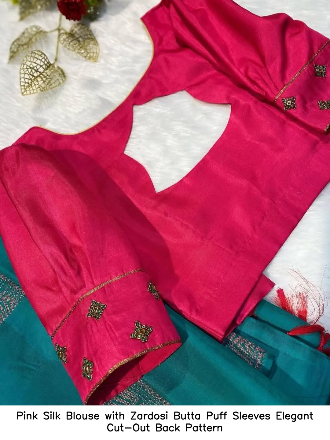 Pink Silk Blouse with Zardosi Butta Puff Sleeves – Elegant Cut-Out Back Pattern